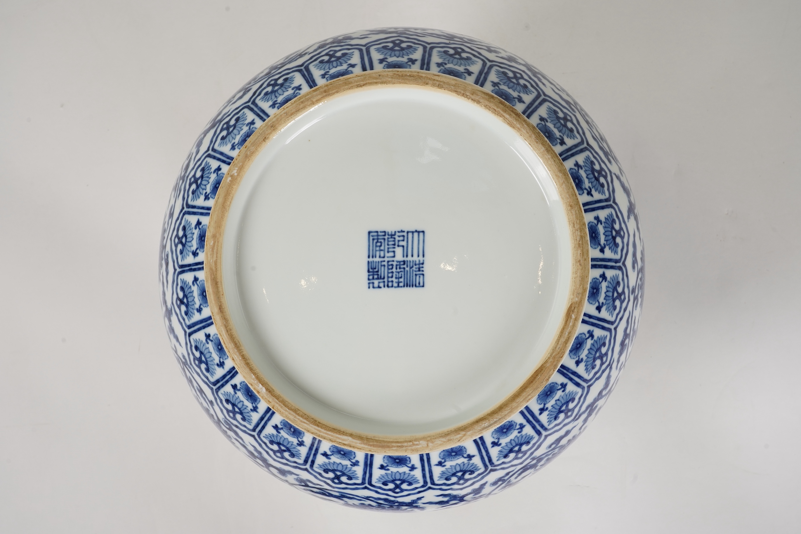 A large Chinese blue and white pear shaped vase, hu, Qianlong seal mark but later